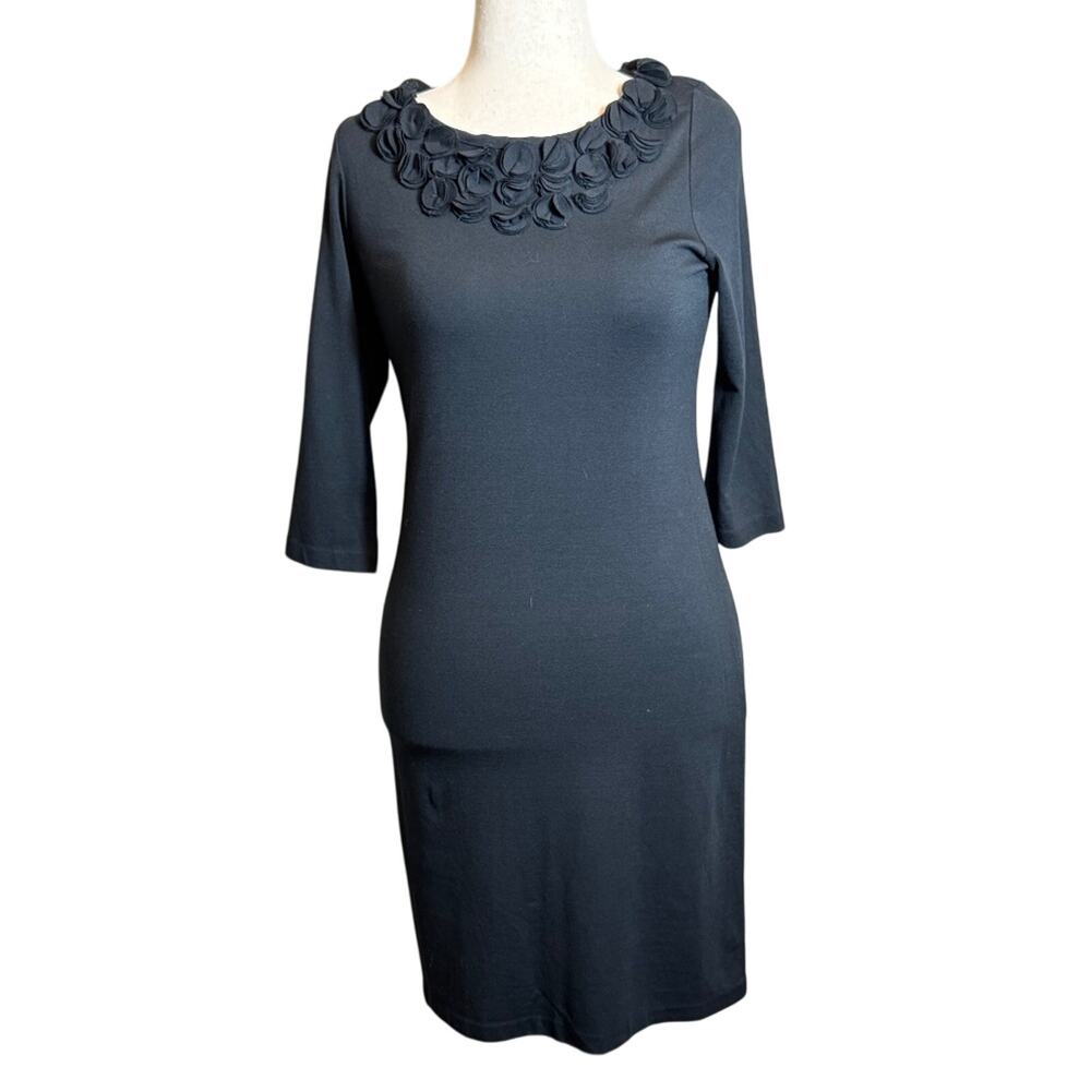 Talbots dress black knit 3/4 sleeve with applique embellished scoop neck Sz 8P